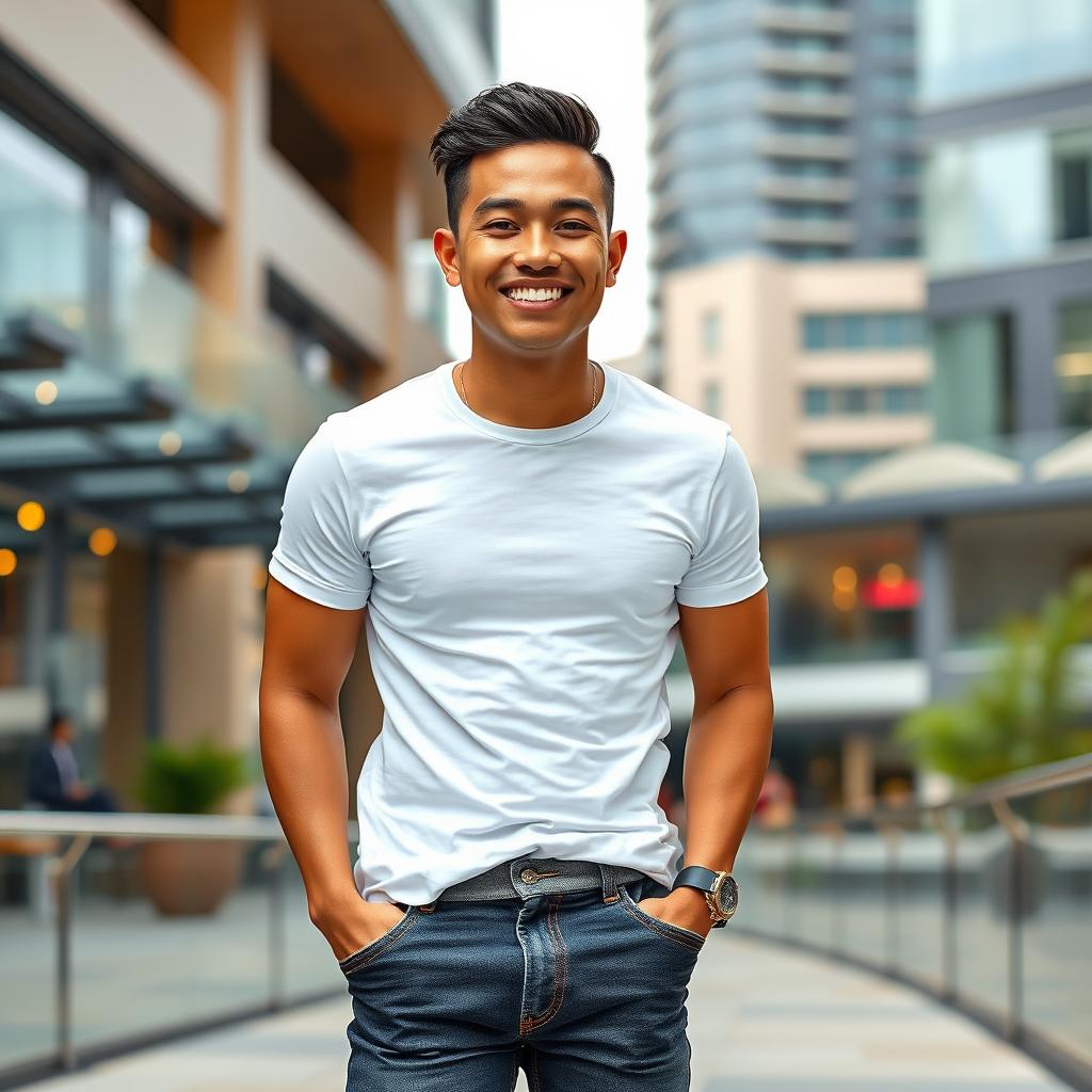 A 30-year-old Southeast Asian man with a side skinhead haircut, showcasing a look of understated wealth and casual sophistication