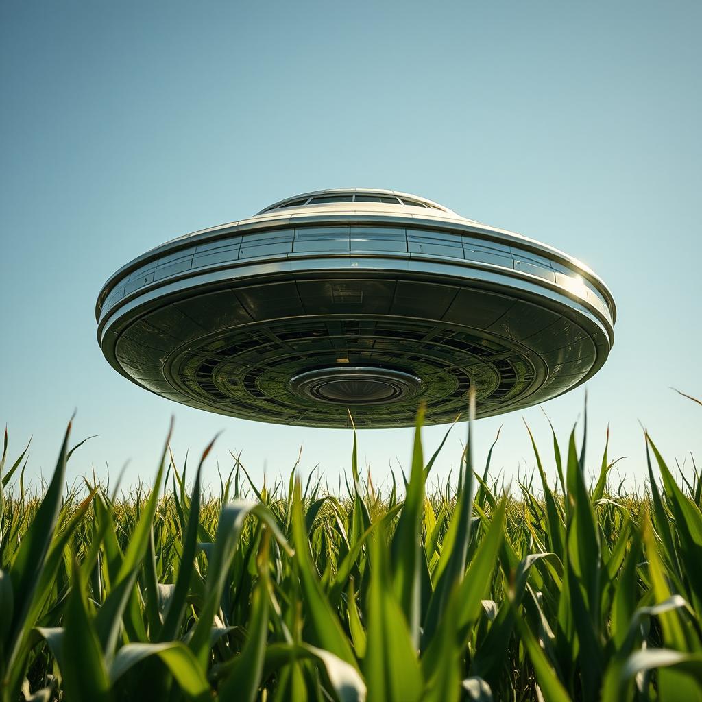 A striking, high-definition photograph of a UFO hovering in a cornfield, showcasing the intricate details of the metallic surface of the spacecraft along with a backdrop of vast green corn plants under a clear blue sky