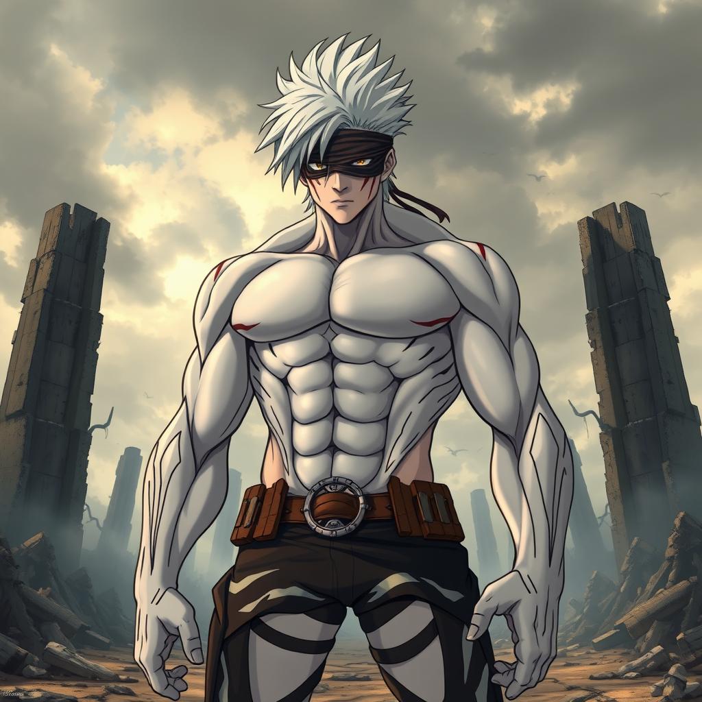 A full-body male titan in the style of Attack on Titan, featuring pale skin and a muscular, stylized body
