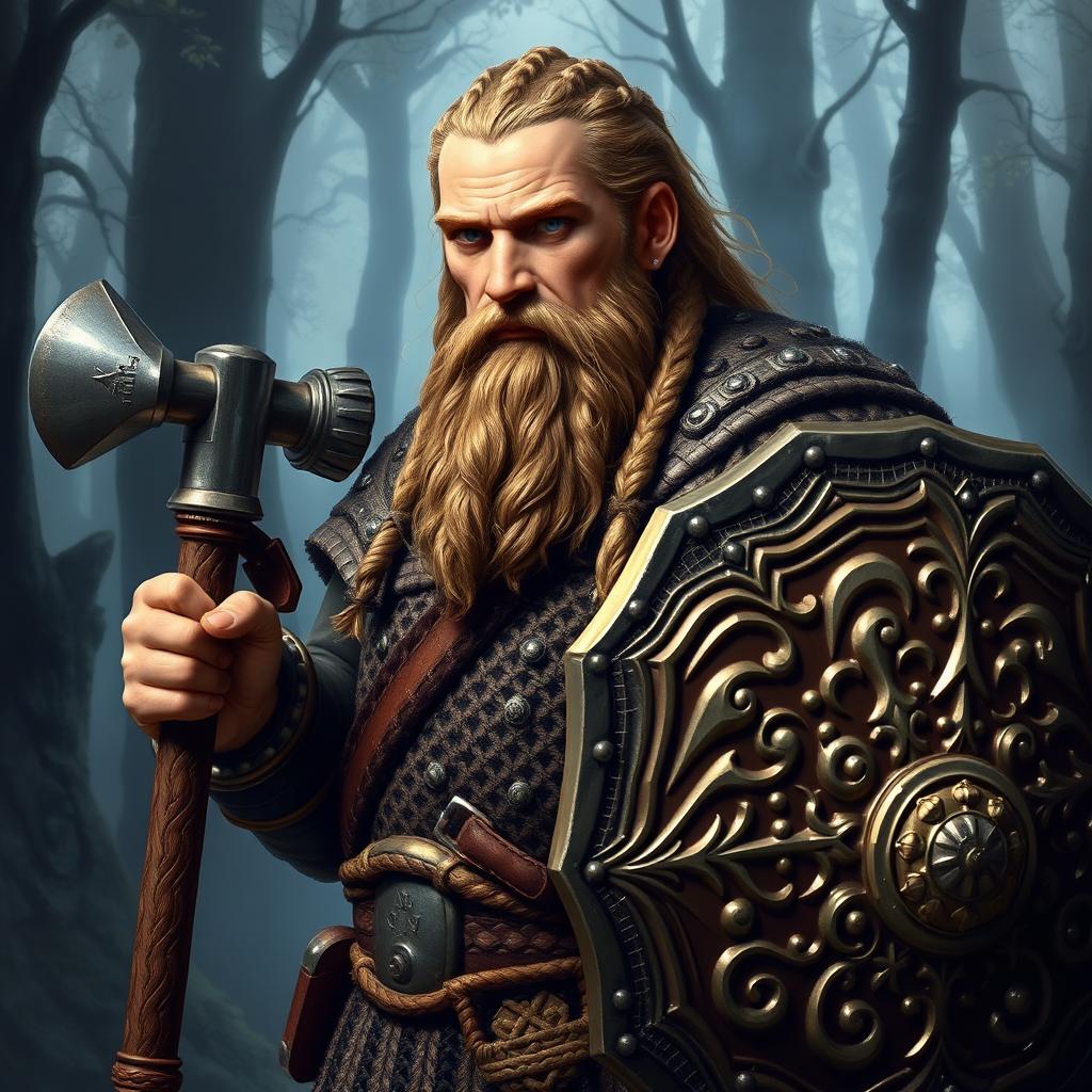 A detailed portrayal of a Dwarven Cleric, featuring light brown braided hair and a matching beard