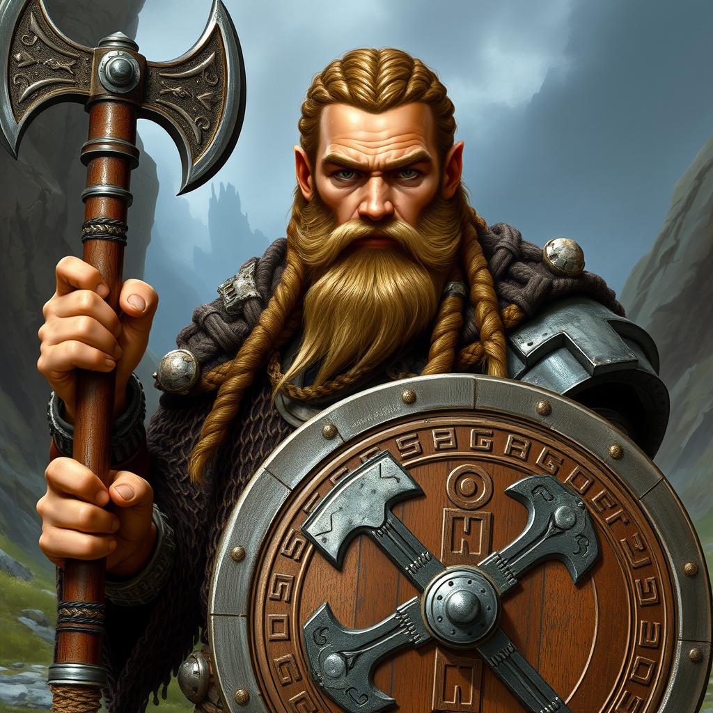A detailed portrayal of a Dwarven Cleric, showcasing light brown braided hair and a matching beard