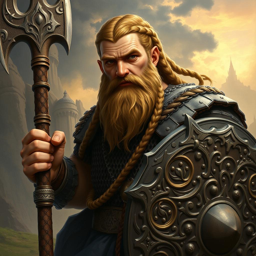 A detailed portrayal of a Dwarven Cleric, showcasing light brown braided hair along with a braided beard