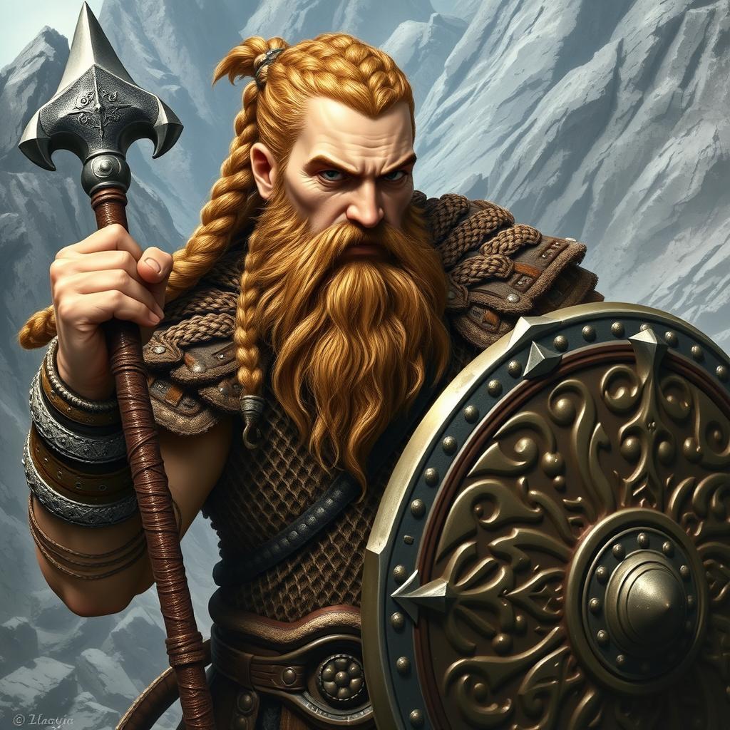 A detailed depiction of a Dwarven warrior, showcasing light brown braided hair and a braided beard, complemented by his tan skin