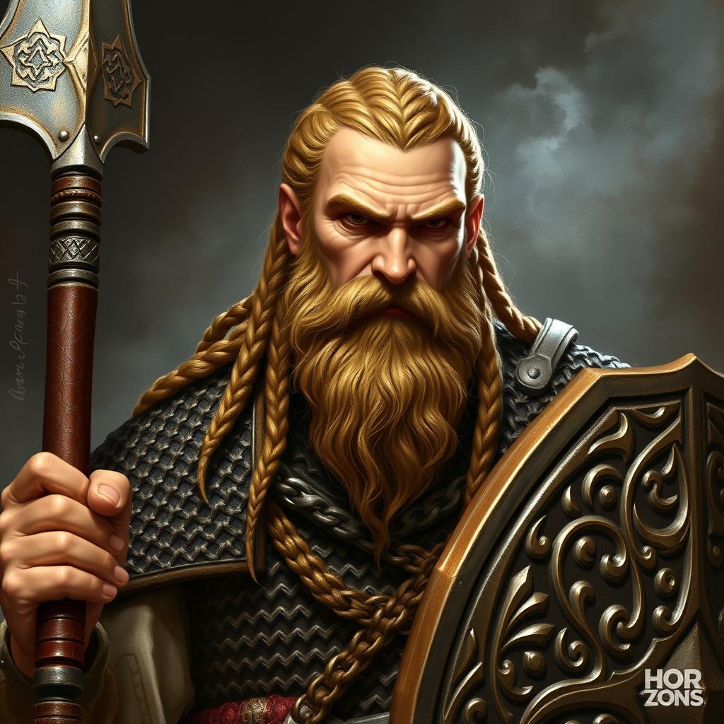 A detailed representation of a Dwarven priest, featuring light brown braided hair and a braided beard, emphasizing his tan skin