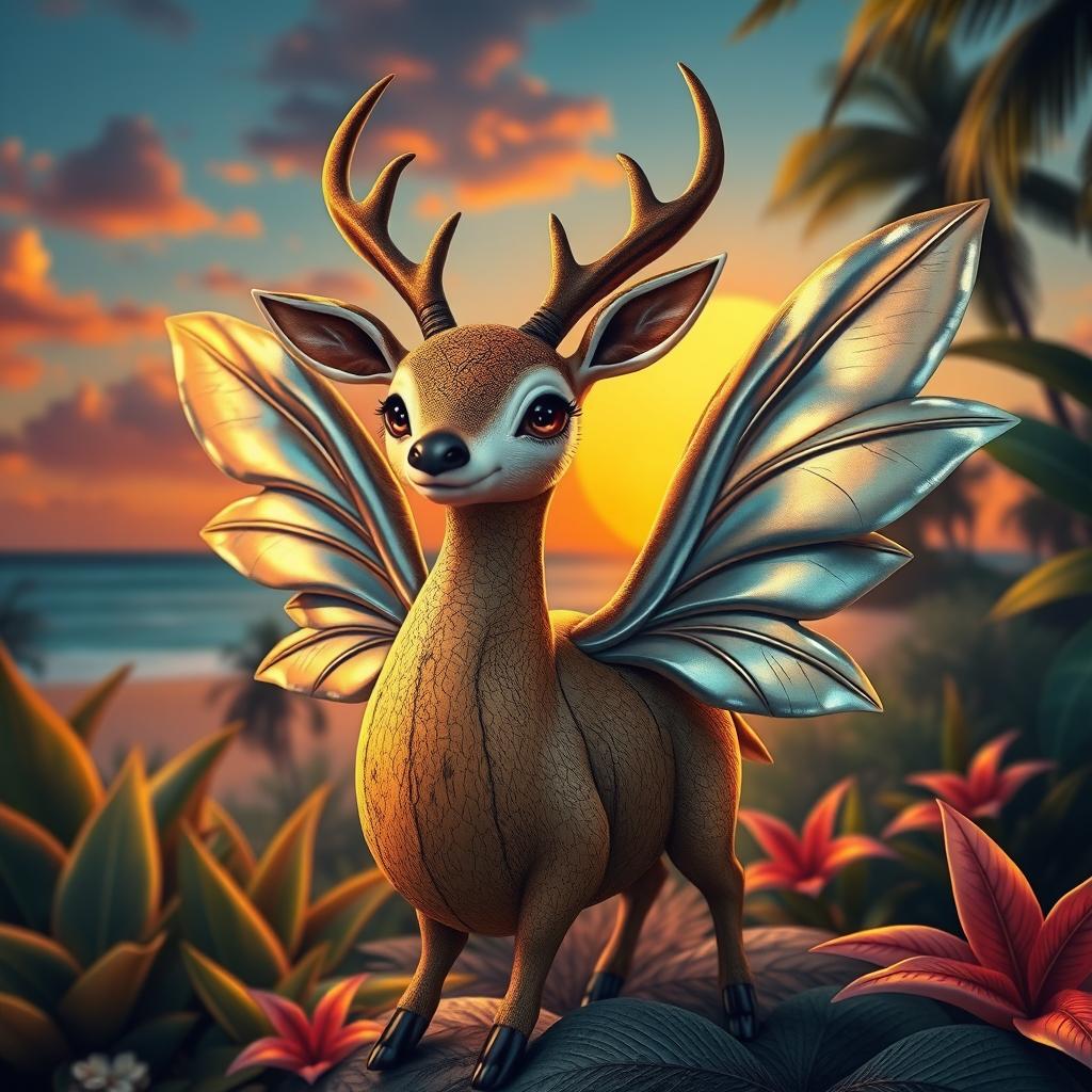 A whimsical creature resembling a deer with a coconut body, featuring glossy, metallic wings that shimmer in the light