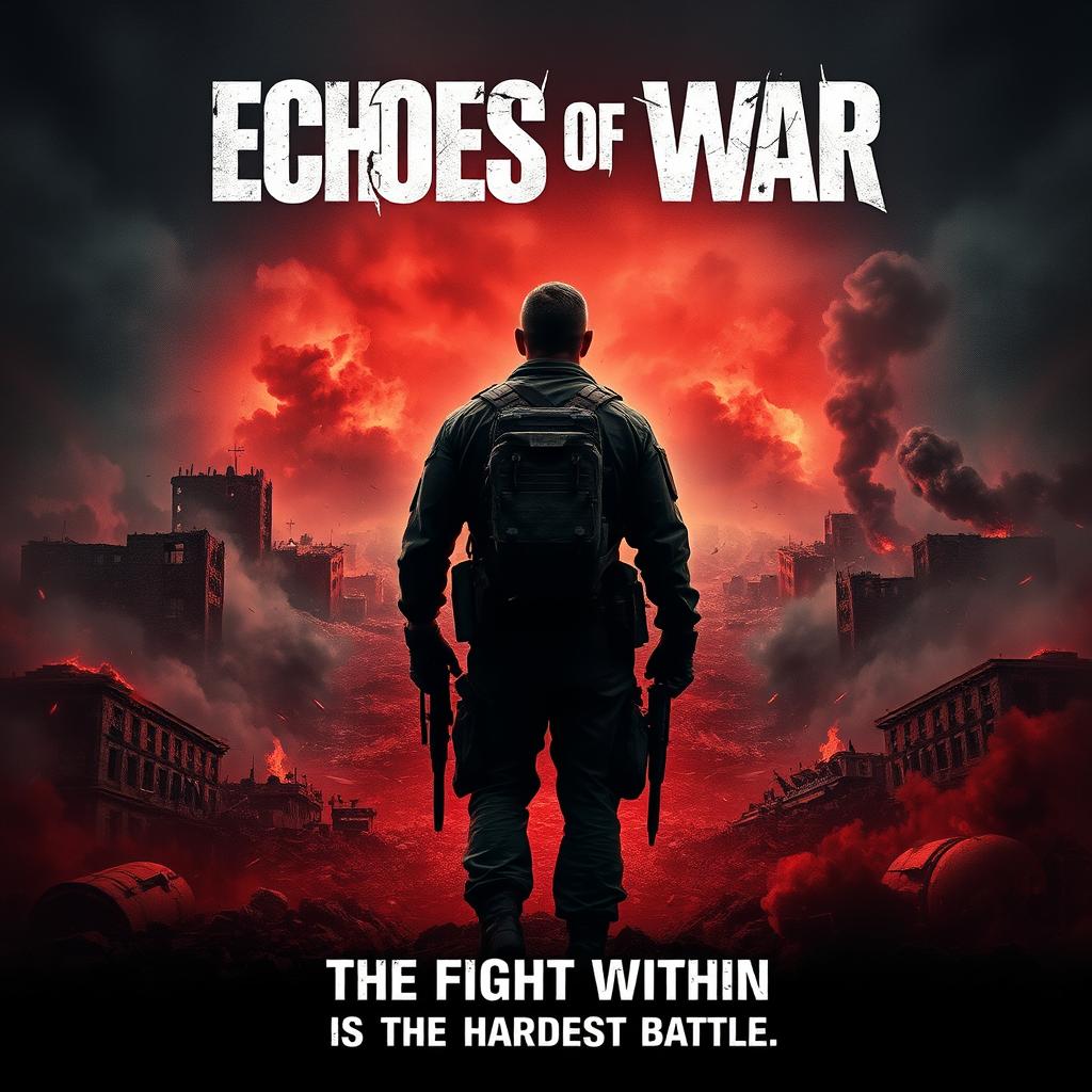 A striking movie poster featuring a solitary soldier standing with his back turned, staring into a chaotic battlefield filled with devastation and destruction