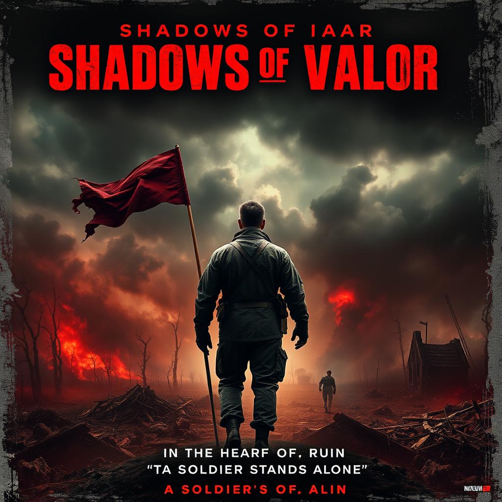 A compelling movie poster featuring a soldier with his back turned, standing on the edge of a desolate battlefield