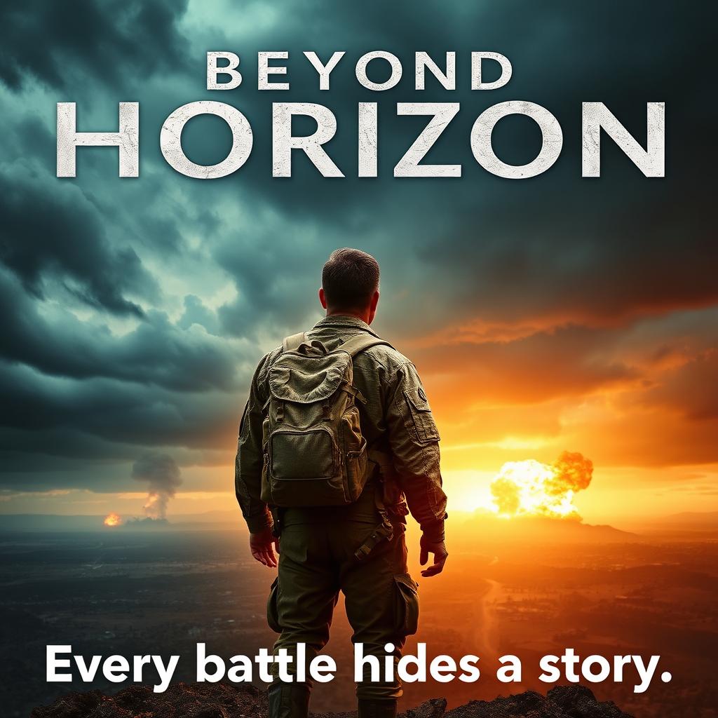 An engaging movie poster featuring a soldier with his back turned, standing atop a desolate hill overlooking a war-torn landscape