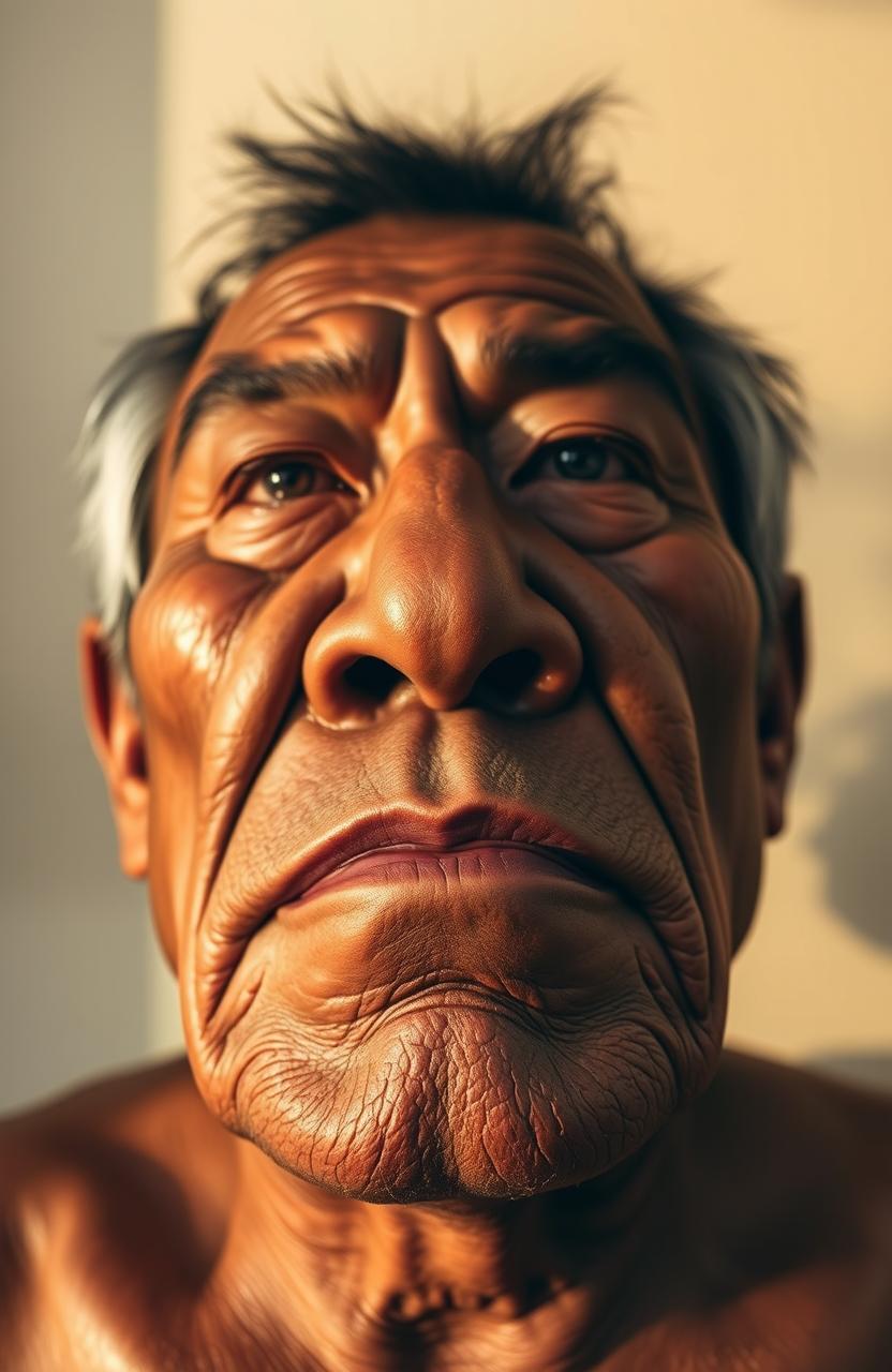 A portrait of a person showcasing a strong and pronounced mandible, exuding a thick and robust presence reminiscent of 'Ugly Earth', with a slightly humped nose reflecting the characteristics of a carved elephant from 'Xin Metal'