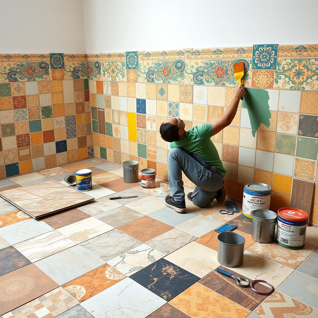 A vibrant and detailed scene of a professional tiling and painting job in progress, showcasing different types of tiles being carefully arranged on the floor, with a painter applying fresh, colorful paint on the walls