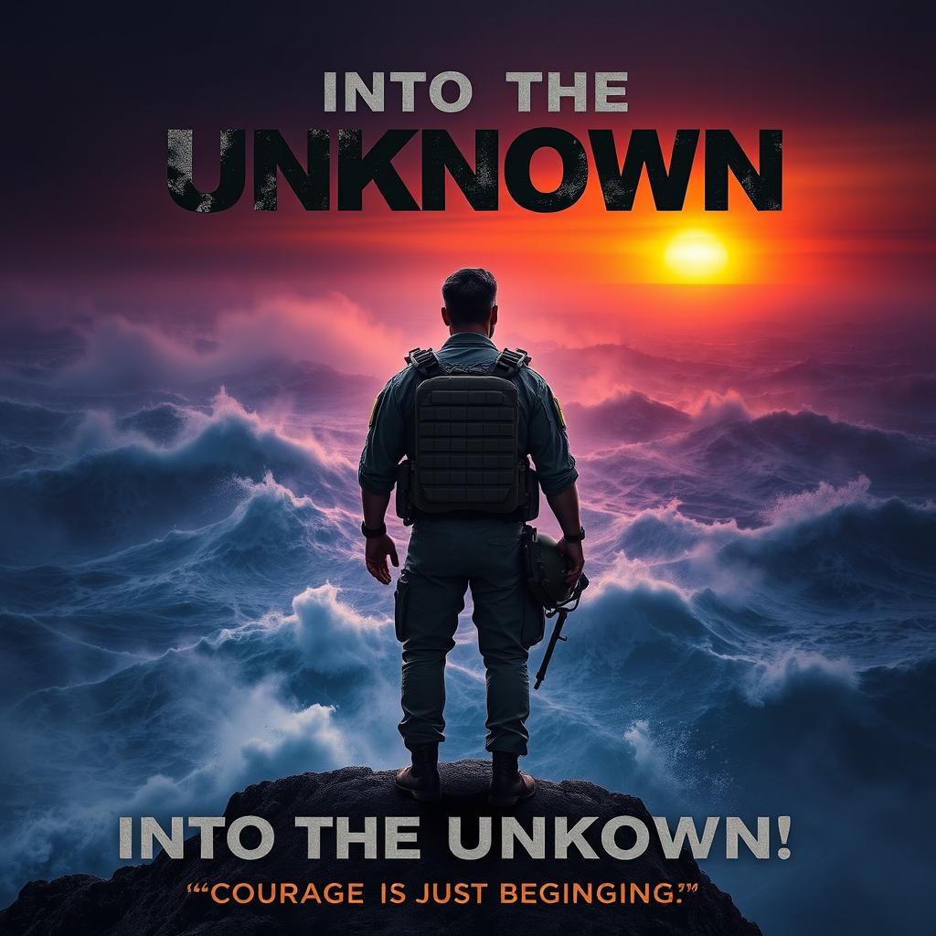 An intriguing movie poster featuring a soldier with his back turned, standing on a rugged cliff overhanging a vast, stormy ocean
