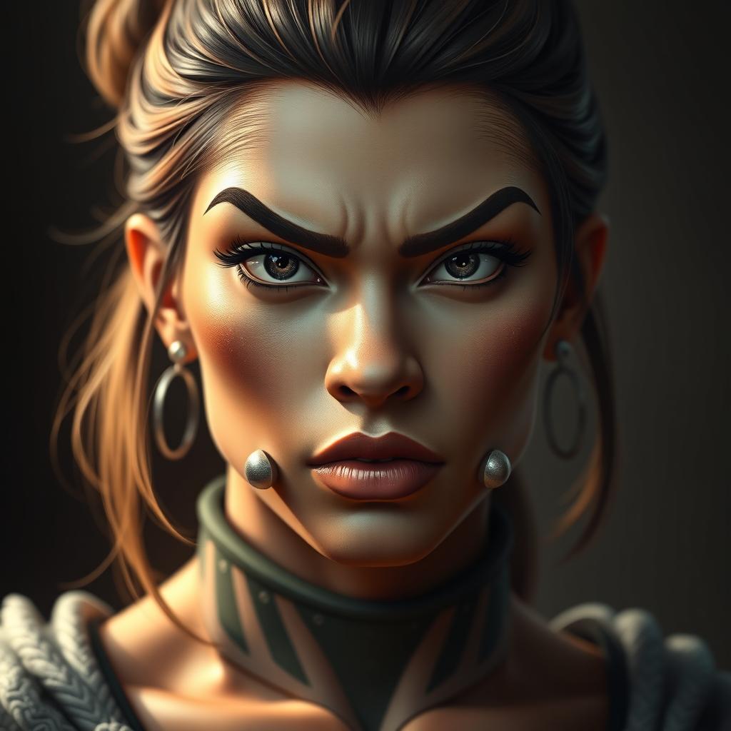 A portrait of a strong female character featuring a prominent and strong mandible, exuding confidence and strength, reminiscent of 'Ugly Earth', along with a slightly humped nose that resembles the elegant curvature of a carved elephant from 'Xin Metal'