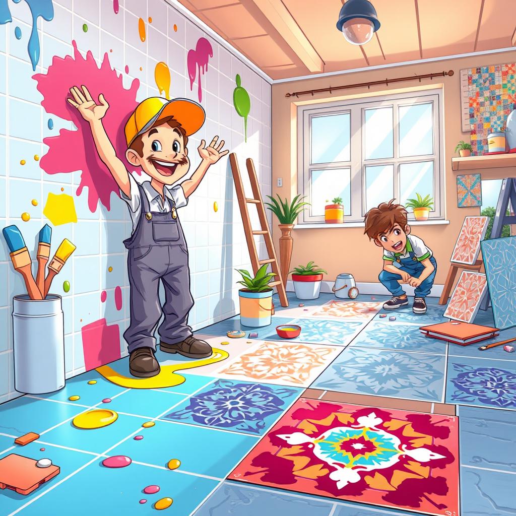 A cartoon-style illustration depicting a vibrant and energetic scene of tile and painting work