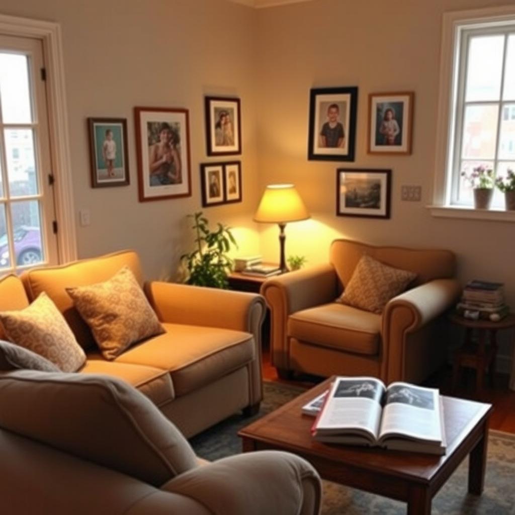 A cozy living room with warm lighting, featuring a comfortable sofa, a coffee table filled with books, and family photos on the walls