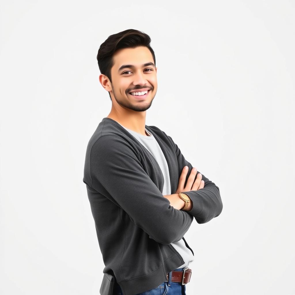 A portrait of a confident person standing with arms crossed against a plain white background