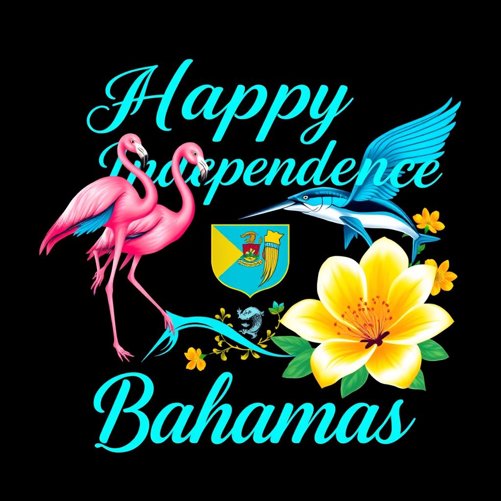 Design for a t-shirt celebrating Bahamian Independence, featuring the phrase "Happy Independence Bahamas" in elegant cursive fonts