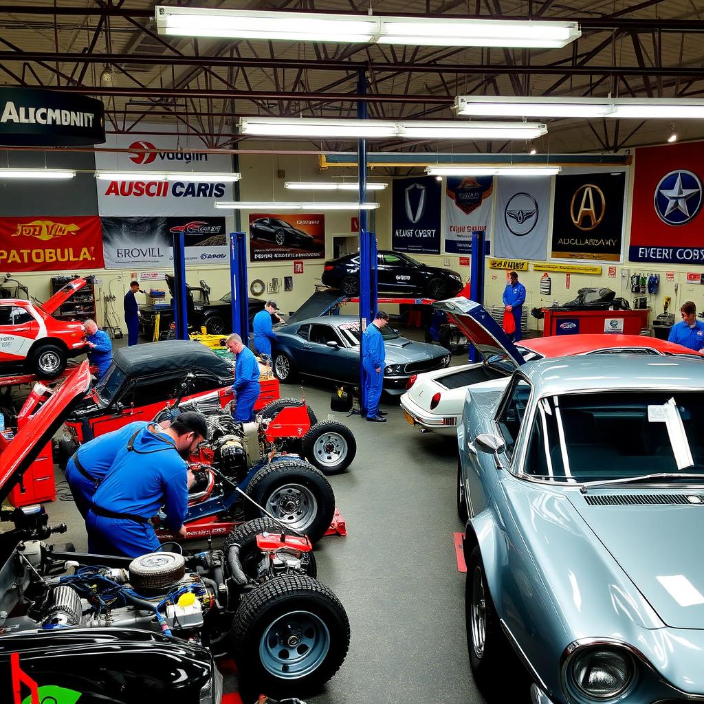 An automotive workshop scene showcasing a variety of vintage and modern cars being serviced