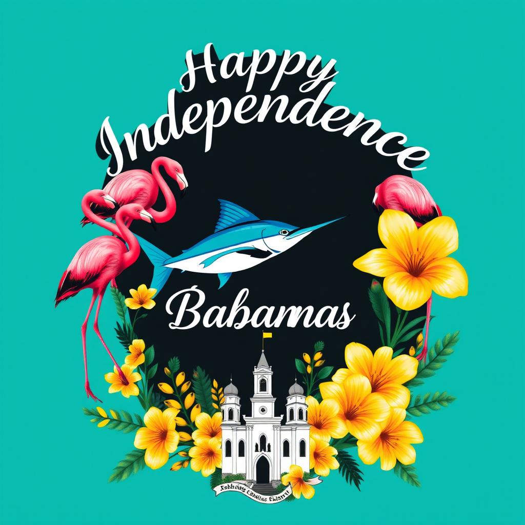Design for a t-shirt celebrating Bahamian culture, featuring the phrase "Happy Independence Bahamas" in elegant cursive fonts