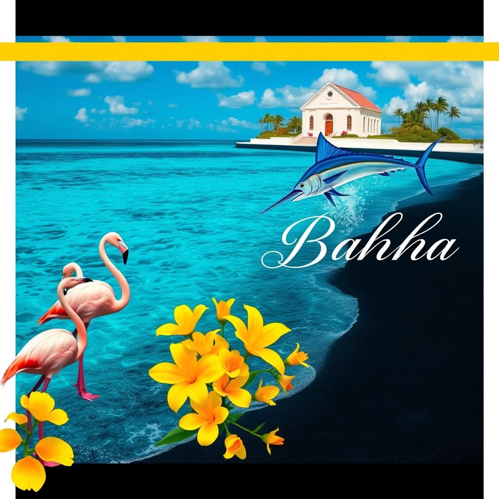 A vibrant and colorful scene featuring aquamarine waters, black sandy beaches, and golden yellow accents