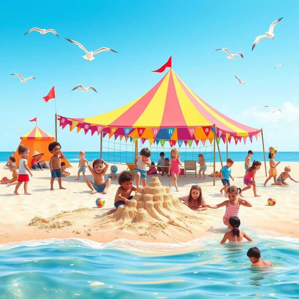A vibrant summer camp scene by the sea, featuring happy children engaged in various fun activities
