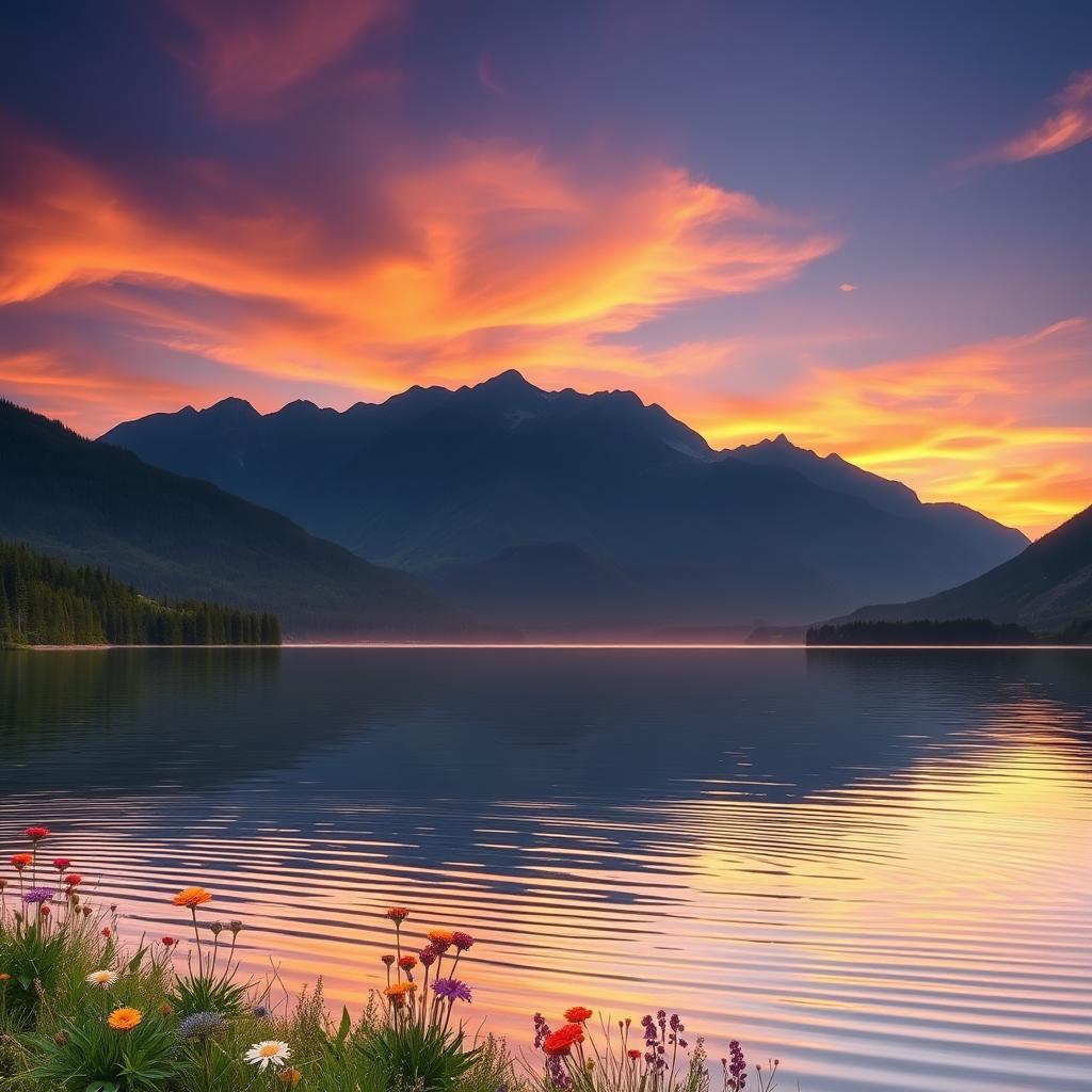 A serene and tranquil landscape featuring a beautiful sunset over a calm lake, surrounded by lush greenery and majestic mountains in the background