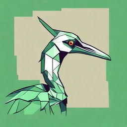 Develop a fierce t-shirt design featuring a closeup side view of a green crane's head, rendered with geometric shapes to evoke a sense of readiness for battle.