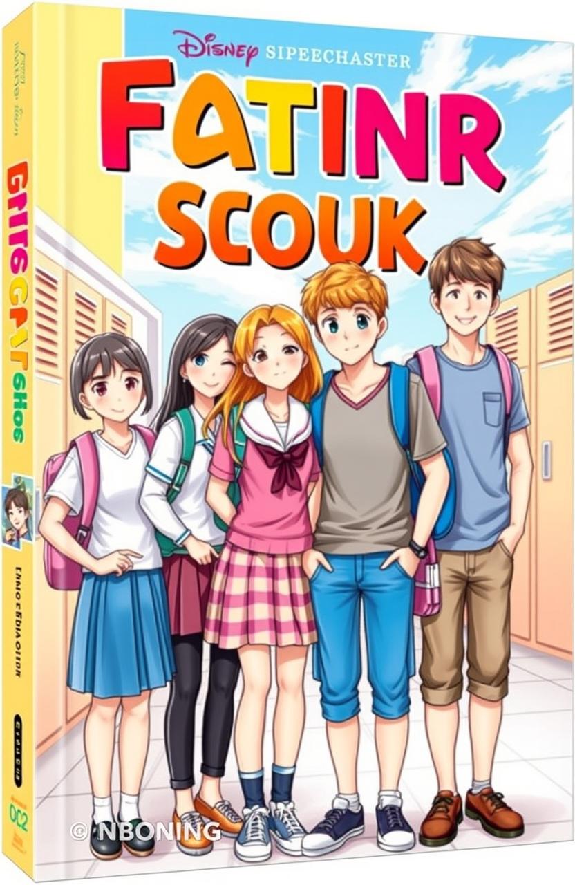 A vibrant book cover featuring a group of five teenagers in school uniforms, standing together with a cheerful atmosphere