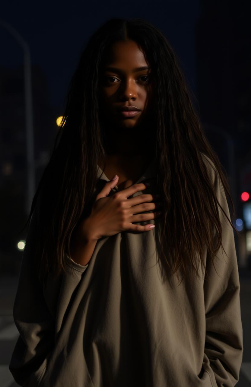 A light-skinned black teenage female with long, straight, curly hair, her hand placed delicately on her chest where her heart is located