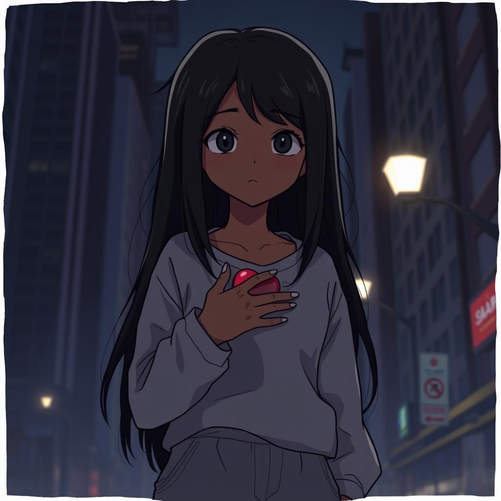 An animated illustration of a light skin black teenage female with long straight curly hair, dressed in baggy clothing, standing in a dark city setting