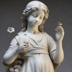 A detailed statue of a young girl delicately holding a blooming flower in her right hand, whilst gripping a sharp knife in her left hand.