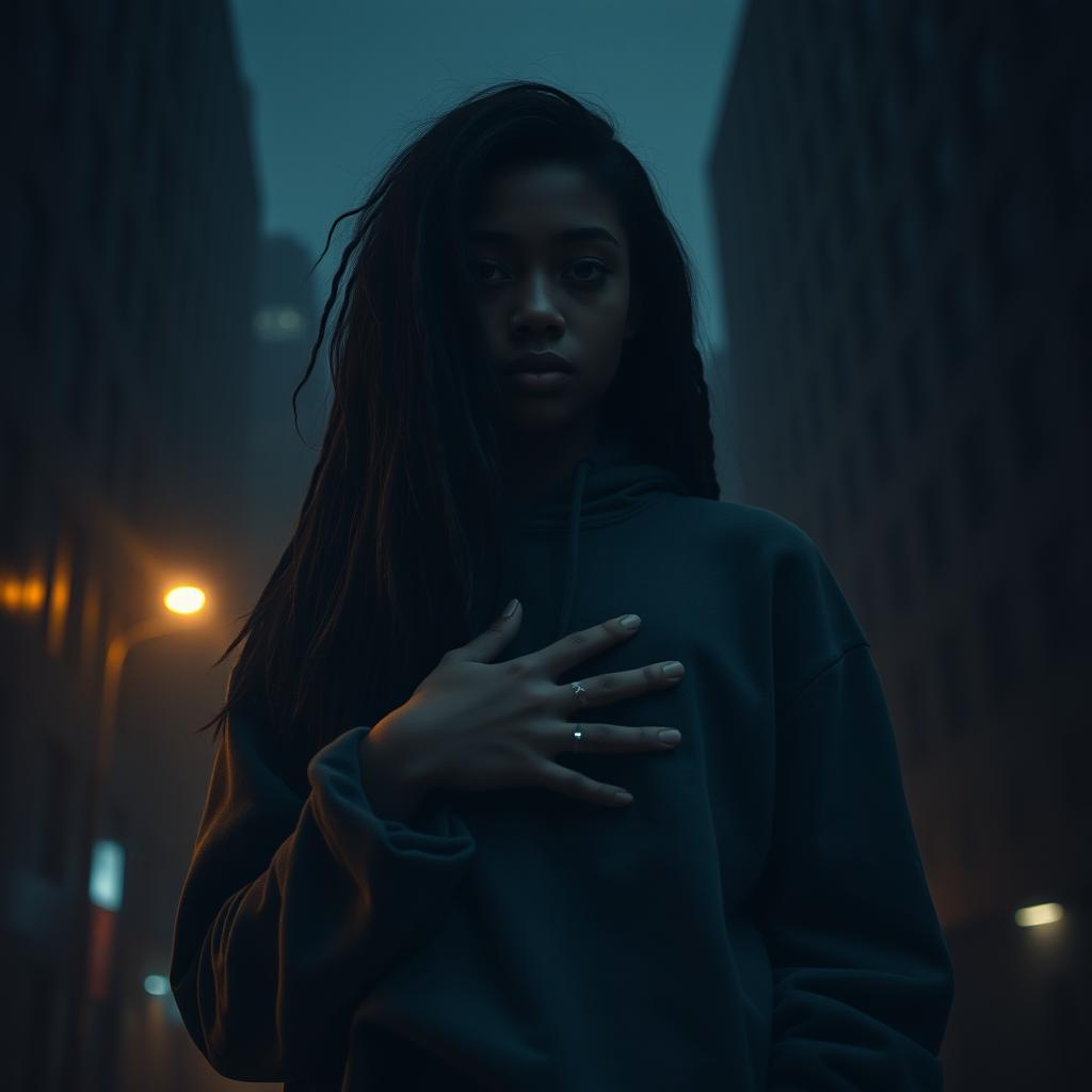 A teenage black female with light skin and long straight curly hair, dressed in a baggy style, stands in a mysterious dark city
