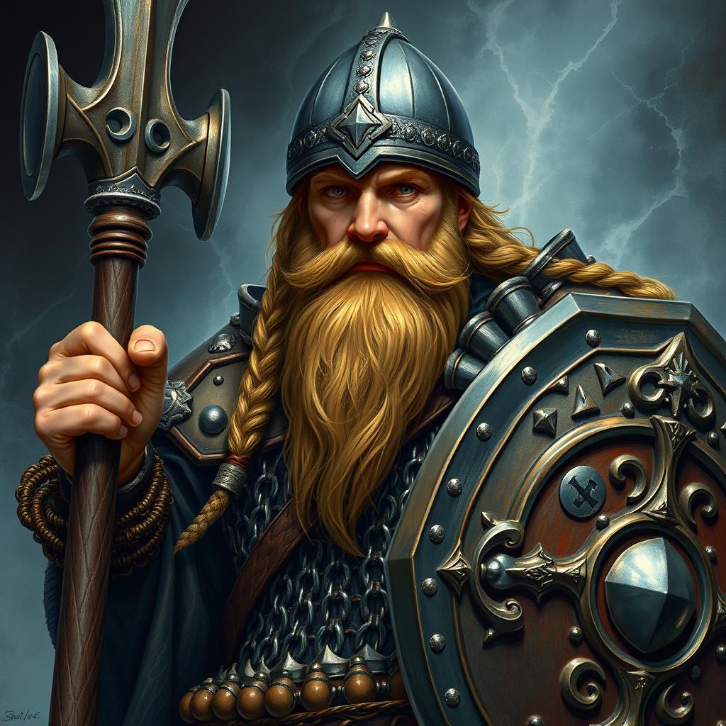 A detailed rendering of a Dwarven priest, featuring a light brown braided beard and tan skin