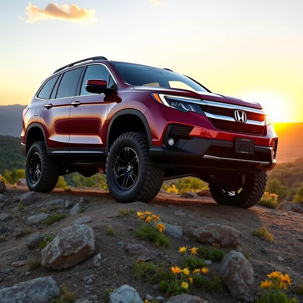 A lifted Honda Pilot, showcasing its off-road capabilities, parked on a rugged terrain with rocky outcrops and scattered wildflowers