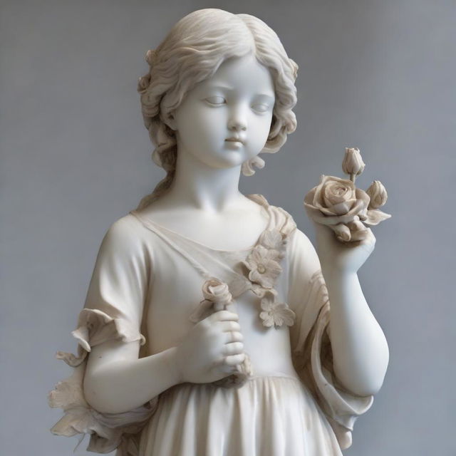 A detailed statue of a young girl delicately holding a blooming flower in her right hand, whilst gripping a sharp knife in her left hand.