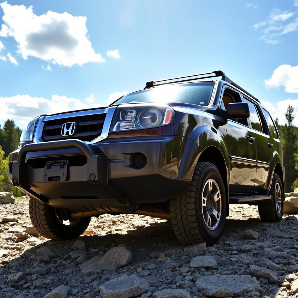 A rugged 2009 Honda Pilot outfitted with a sturdy steel offroad bumper, showcasing its offroad capabilities