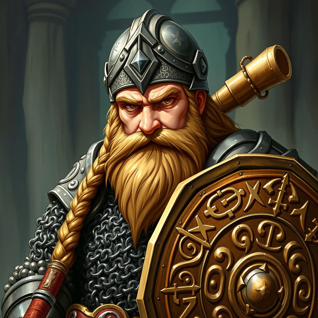 A detailed illustration of a Dwarven priest, featuring a light brown braided beard, tan skin, and piercing hazel eyes