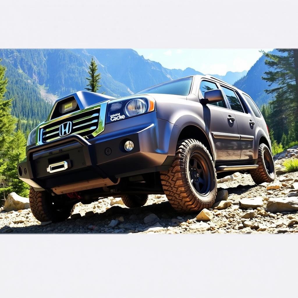 A rugged 2013 Honda Pilot equipped with a heavy-duty steel offroad bumper, showcasing its offroad capabilities