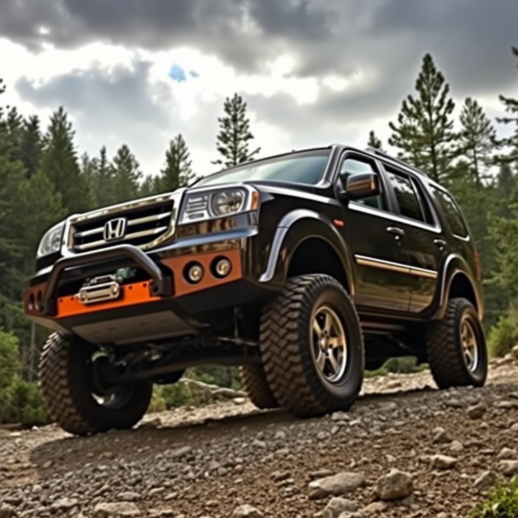 A 2013 Honda Pilot SUV, expertly lifted for off-roading, showcasing a robust steel bumper designed for rugged terrain