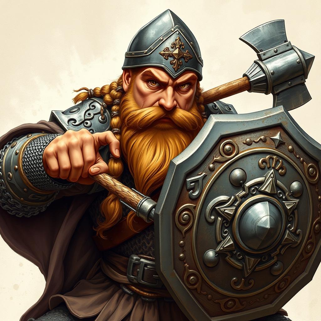 An intricate illustration of a Dwarven cleric, showcasing a light brown braided beard, tan skin, and striking hazel eyes