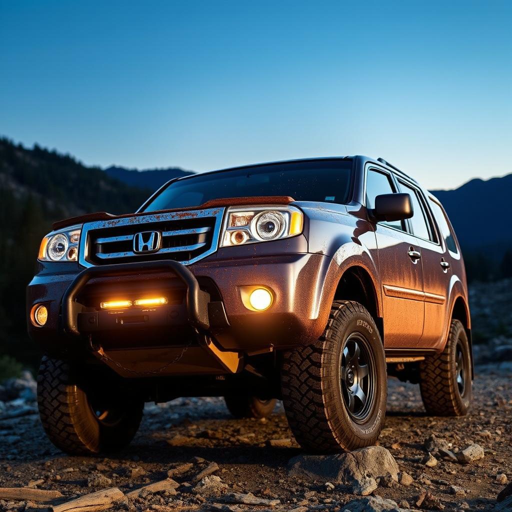 A rugged 2013 Honda Pilot SUV, lifted for offroad adventures, showcasing an aggressive offroad bumper