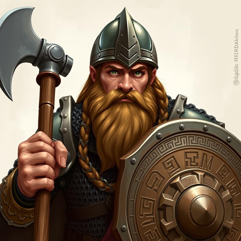 A detailed illustration of a Dwarven cleric, showcasing a light brown braided beard, tan skin, and captivating green eyes