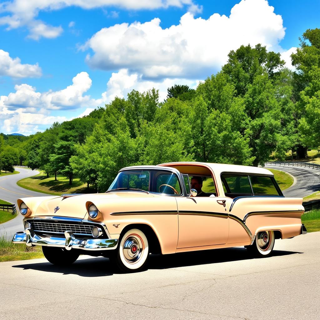 A vintage 1956 Ford station wagon, beautifully restored and parked in a picturesque setting, featuring no roof to showcase its open-air design