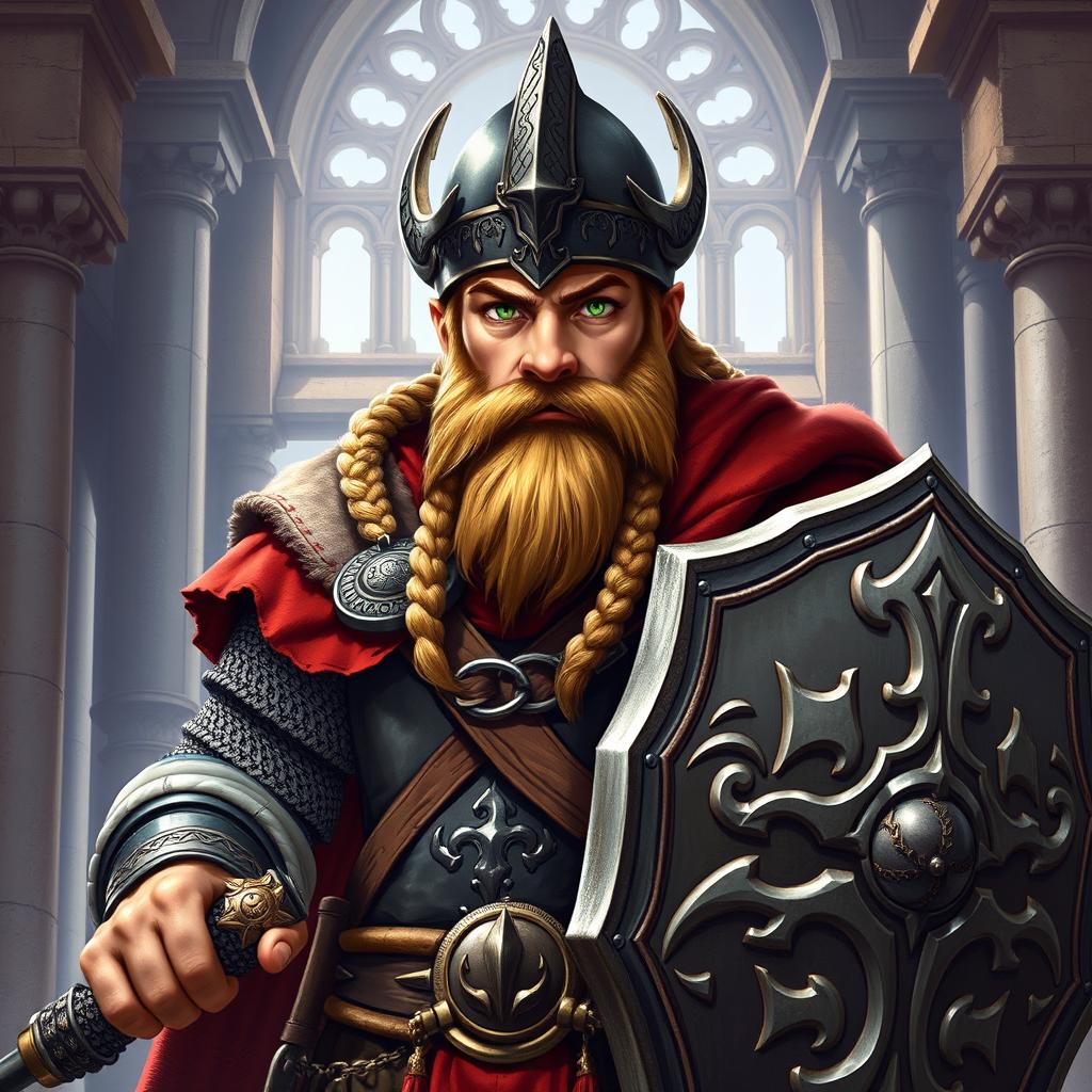 A highly detailed illustration of a Dwarven cleric with a light brown braided beard, tan skin, and vibrant green eyes