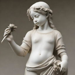 A detailed statue of a young girl delicately holding a blooming flower in her right hand, whilst gripping a sharp knife in her left hand.