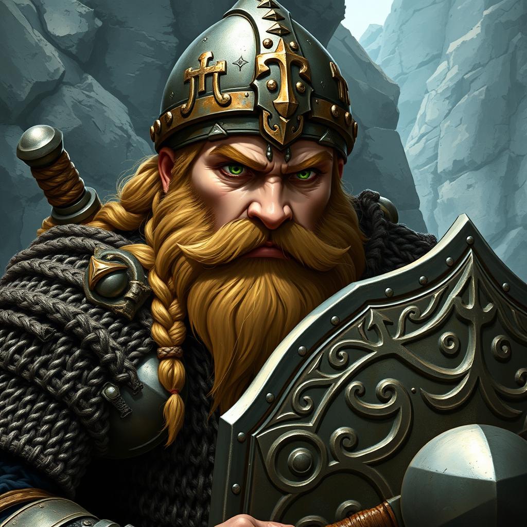 A highly detailed image of a Dwarven cleric, featuring a light brown braided beard, tan skin, and vibrant green eyes