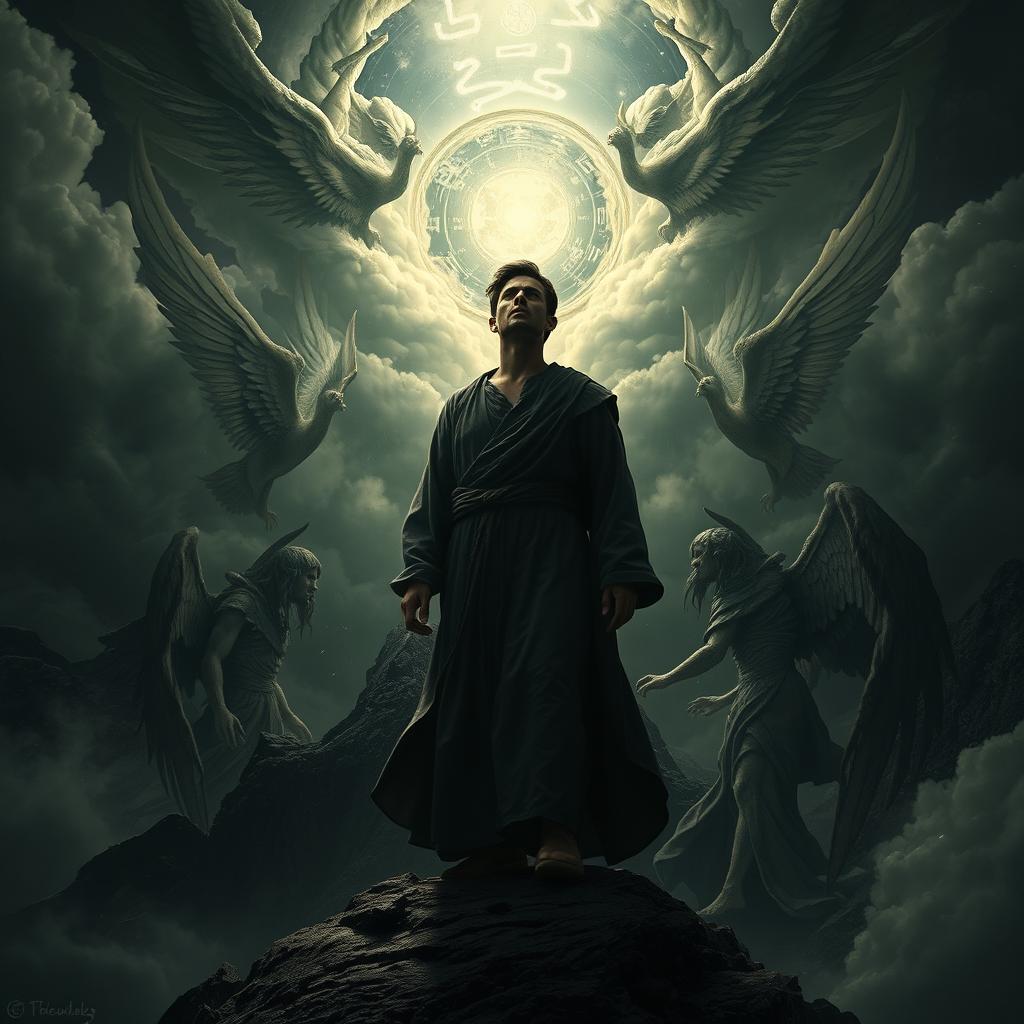 A dark, atmospheric scene inspired by ancient apocalyptic visions featuring a lone, mysterious man named Enoc standing at the edge of a mountain under a stormy sky