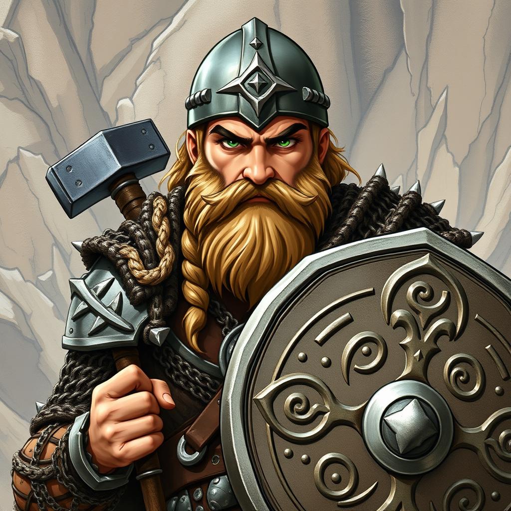 A detailed illustration of a Dwarven cleric with light brown hair and a braided beard, tan skin, and striking green eyes