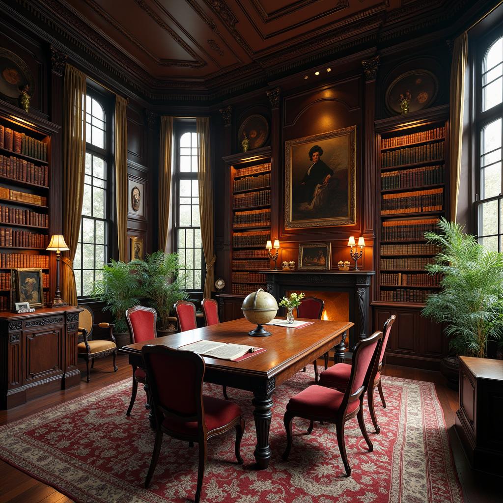 A grand Victorian mansion library, featuring high ceilings adorned with ornate moldings, large windows letting in soft, natural light