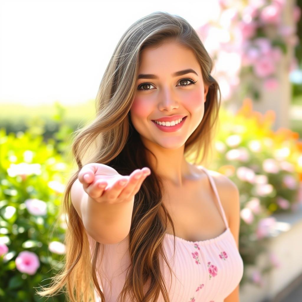 A charming scene of a beautiful young woman blowing a kiss playfully