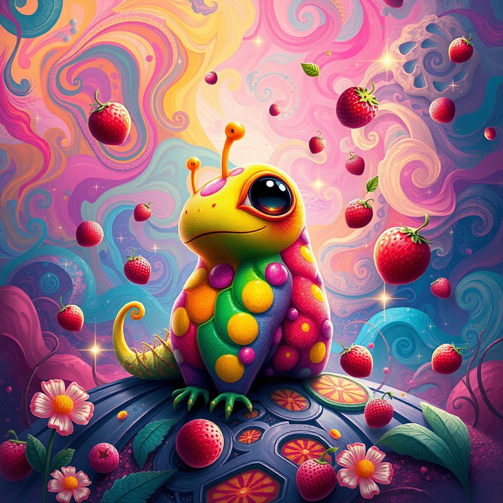 A stunning and vibrant digital wallpaper for iPhone 15 Pro Max featuring Glorbo Frutodrillo, a surreal and whimsical creature with a colorful, fruit-like texture